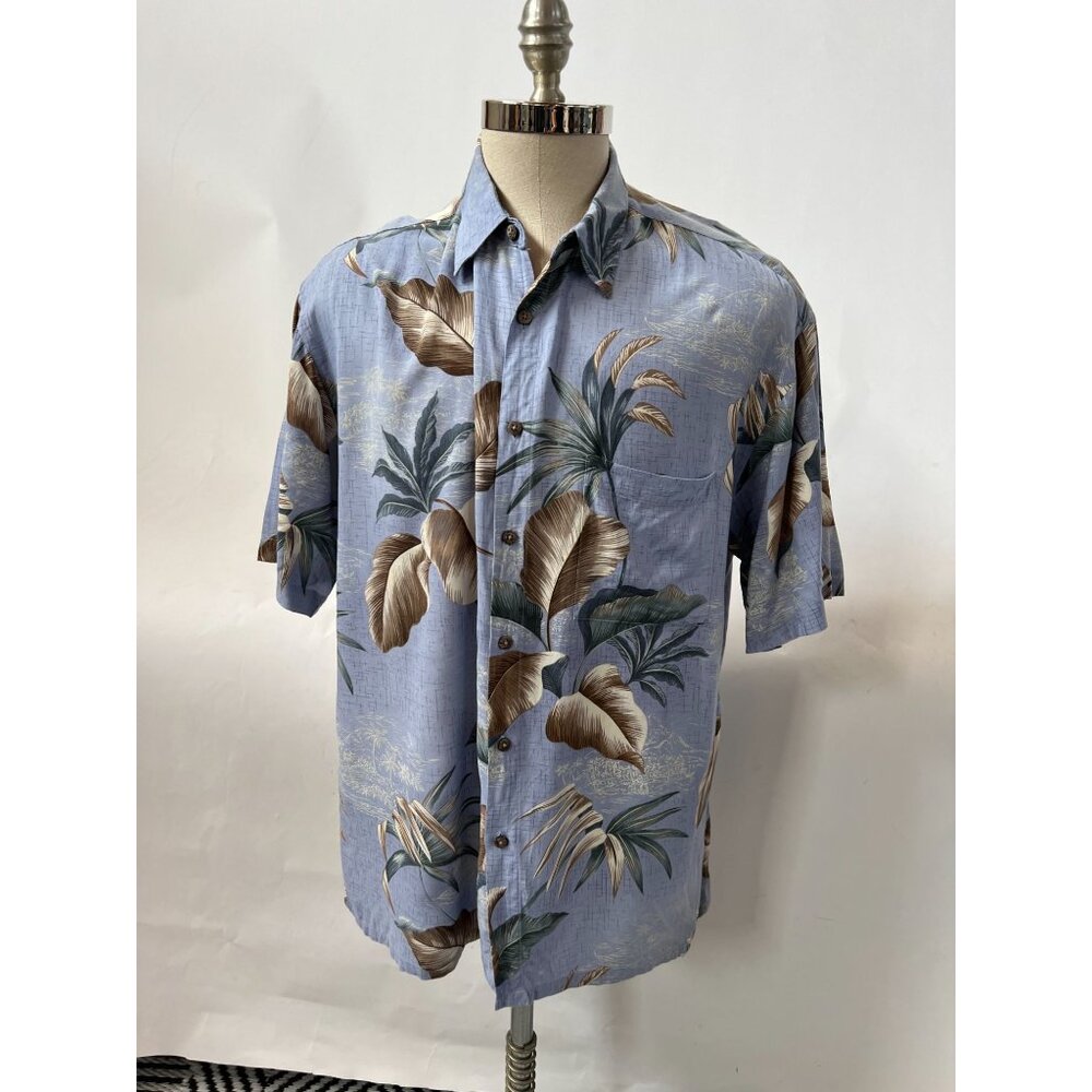 Cambria Moda Vintage Hawaiian Shirt L Rayon Palm Tree Print Light Blue & Brown S